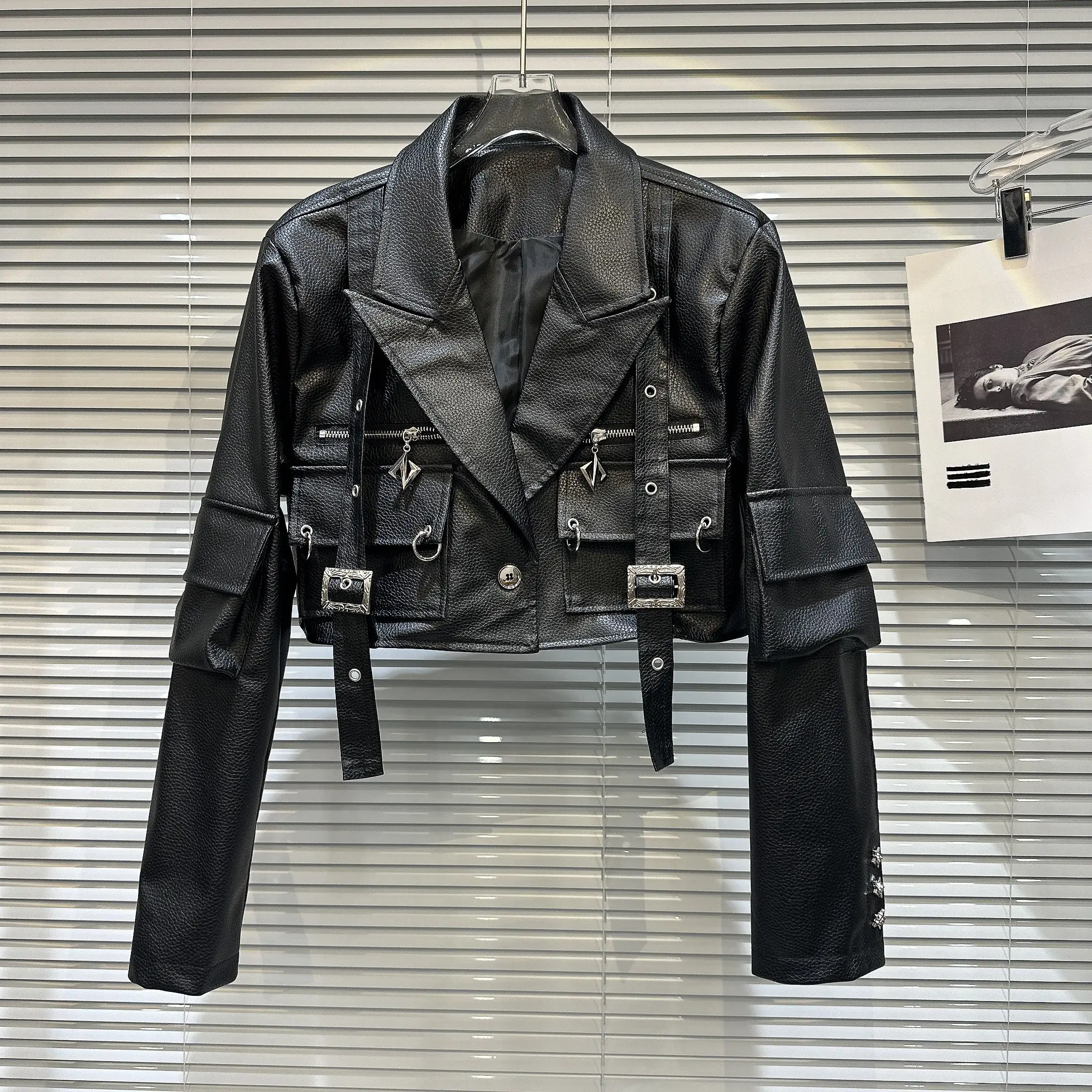 Street Sle Leather Jaet Casaco feminino de couro k Waed ket Textura Unique Sle Fall Novidades Long Sve Straig...