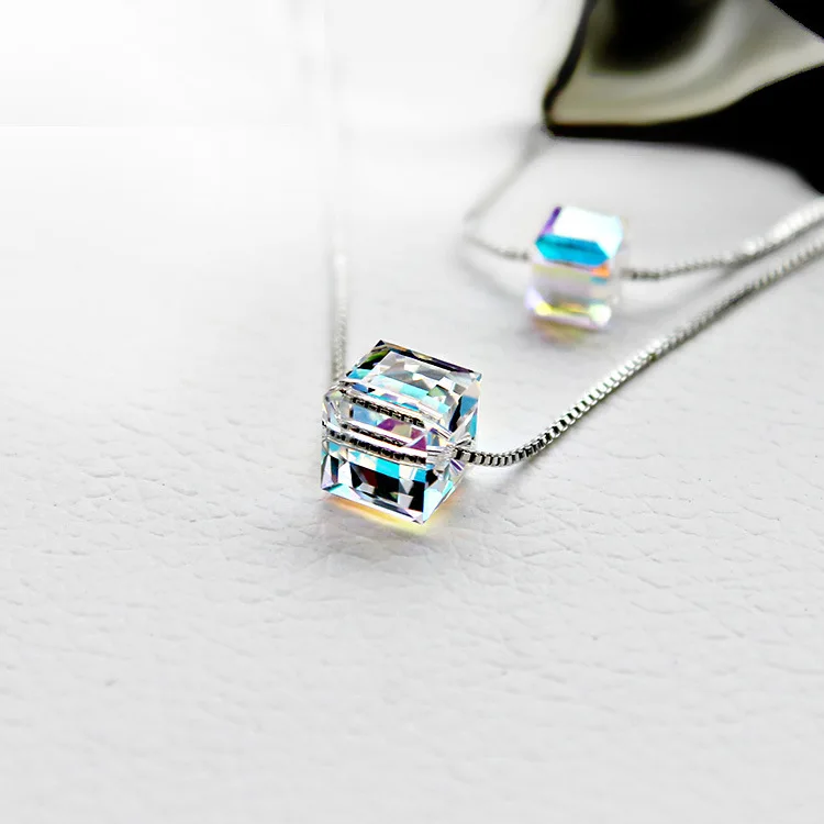 

Square Natural Sky Blue Topaz 925 Sterling Silver Double Layer Cube Pendant Necklace for Women Gemstone Jewelry Wedding Gifts