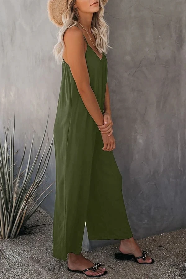 Ultimate Flowy Jumpsuit with Pockets Women Jumpsuit Low Cut V Neck Loose Solid Color Backless Cooling Sleeveless Deep Crotch