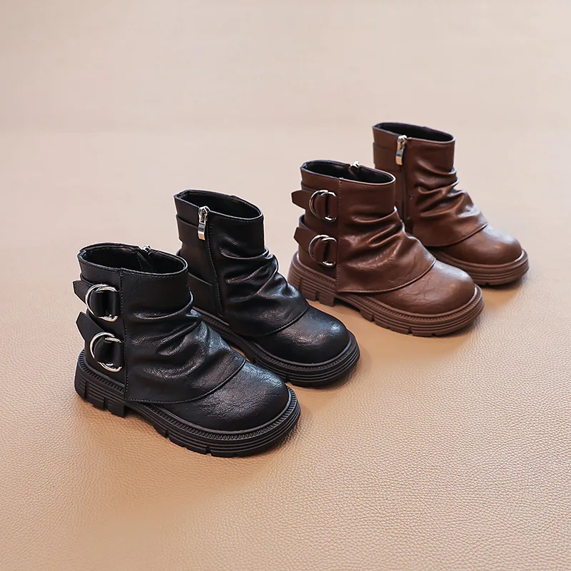 

Girls' Little Leather Shoes Winter New Children's Stylish Anti Slip Ankle Boots Girls' Plush Warm Boot Trendy Botas Para Niñas