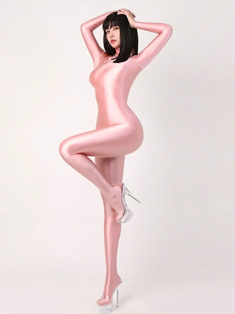 

Women Long Sleeved Elastic Jumpsuit Tight Shiny Back Zipper Bodysuit Silky Satin Pantyhose Sexy Elegant One-pieces Bodycon