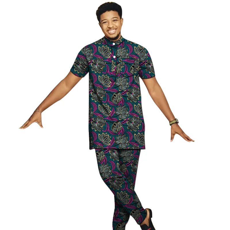 Ropa con estampado africano para hombre, camisas y pantalones con cuello Henry, conjuntos de pantalones personalizados, moda nigeriana, trajes