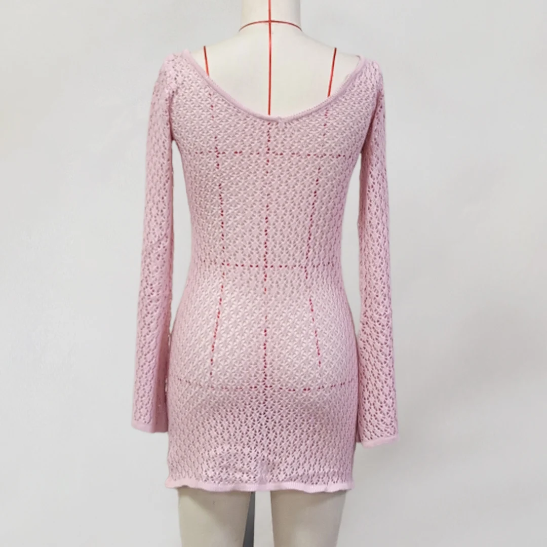 V-Ausschnitt, lange Ärmel, mit Ausschnitten versehene, gehäkelte Tunika, Strandkleid, Strandmode, Damen V6081 – Detail 10