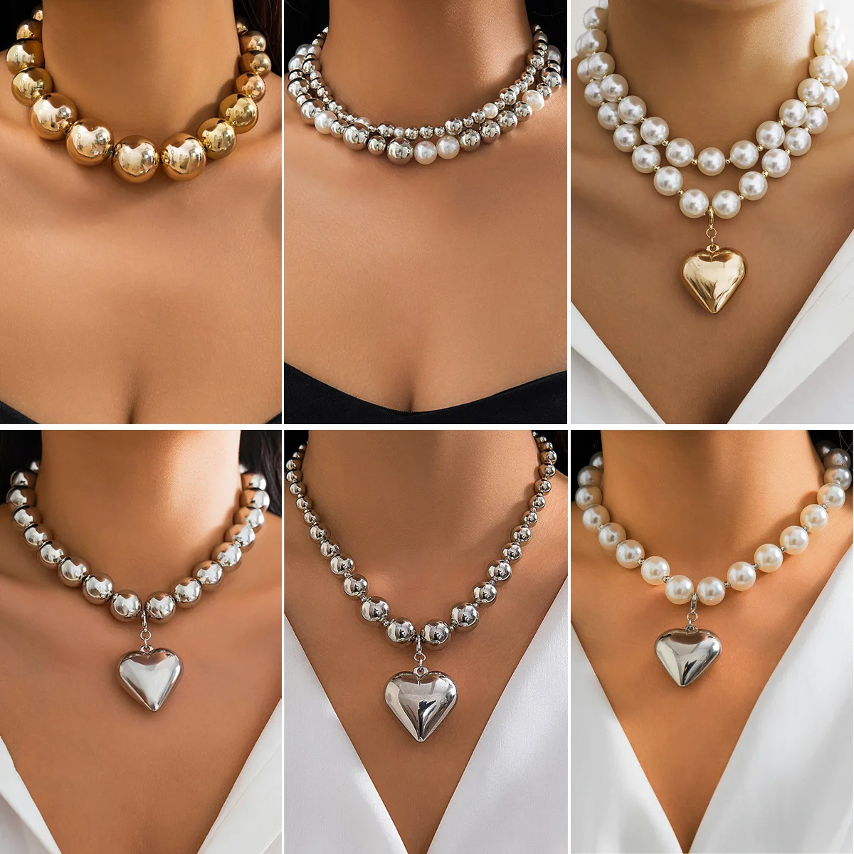 

Exaggerated round bead punk collar collarbone chain hot selling geometric bead necklace women's beading 1 piece choker vintage