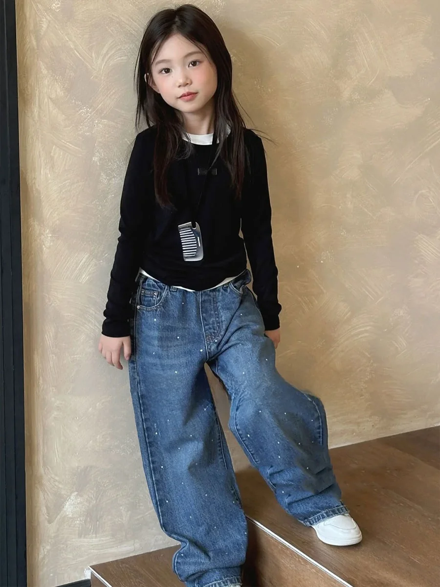春のファッションブルーカジュアルスポーツデニムパンツ女の子子供服弾性ウエスト長ズボントレンディな子供服