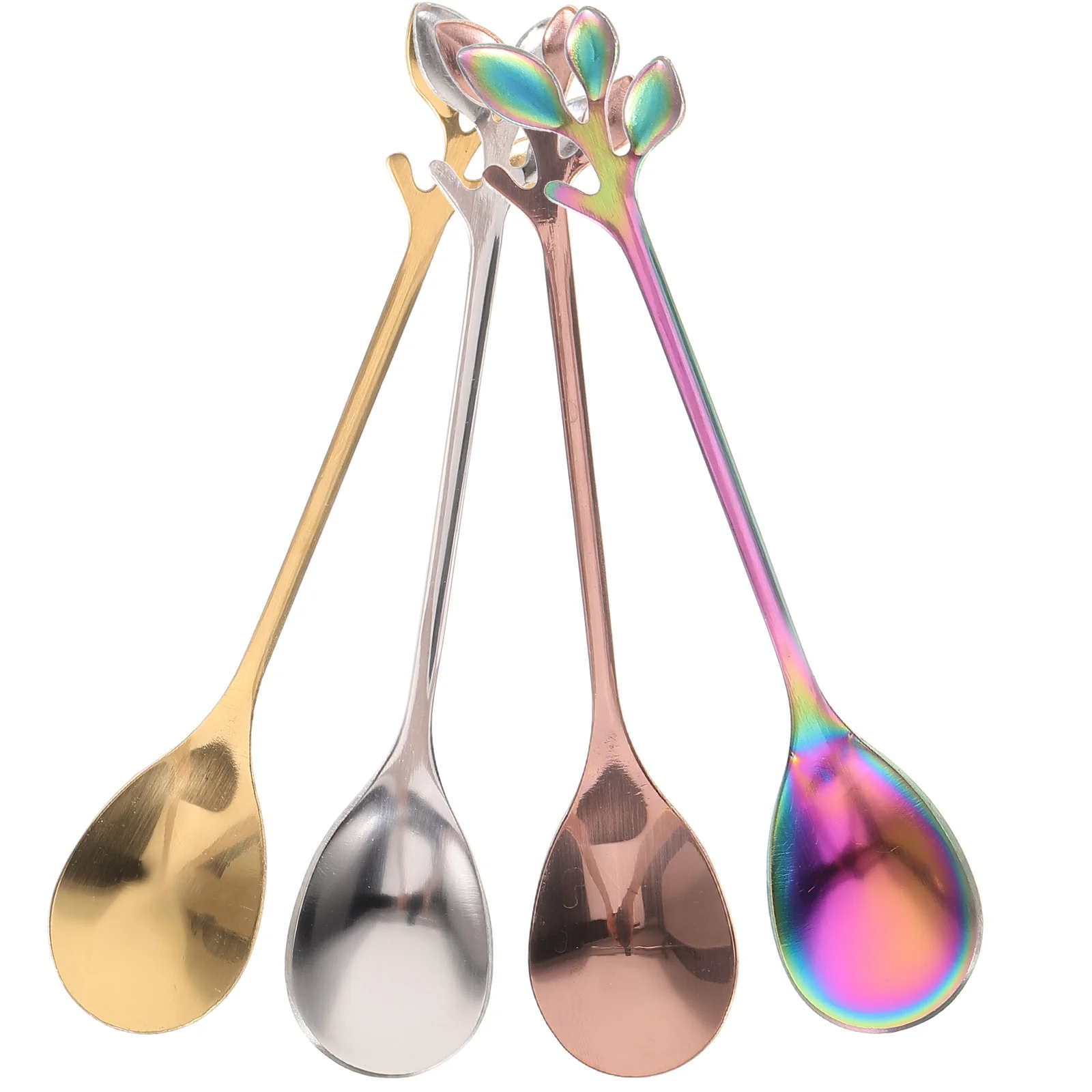 

4Pcs Stainless Steel Creative Leaf Spoon Long Handle Coffee Dessert Mixing Spoon Household Kitchen Stirring Tool