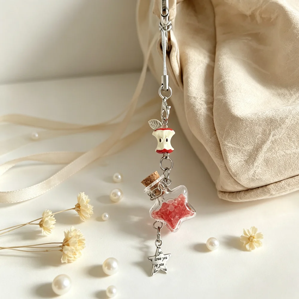 Handmade Red Apple Wishing Bottle Key Chain Cute Star Fruit Charm for CCD Phones Bags Card Hanging Pendant Keychain Key Ring