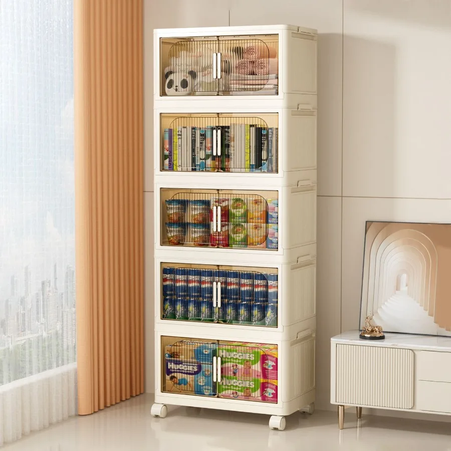 

19.69 Side Wide Folding Storage Cabinet 5 Tiers 19.69×11.81×50.00 Collapsible Storage Bins with Magnetic Door Plastic Storage C