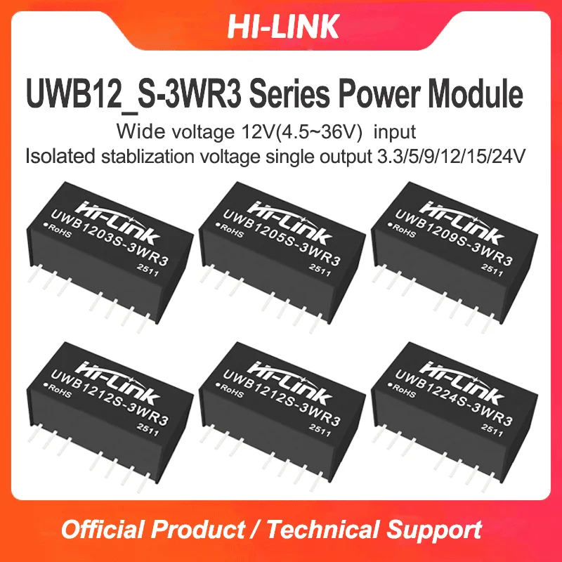 Hi-Link 3W SIP8 Compact Transfer Unit UWB1205S UWB1209S UWB1212S  4.5 To 36V Nominal 12V Input Standard Pin PCB Mount Component