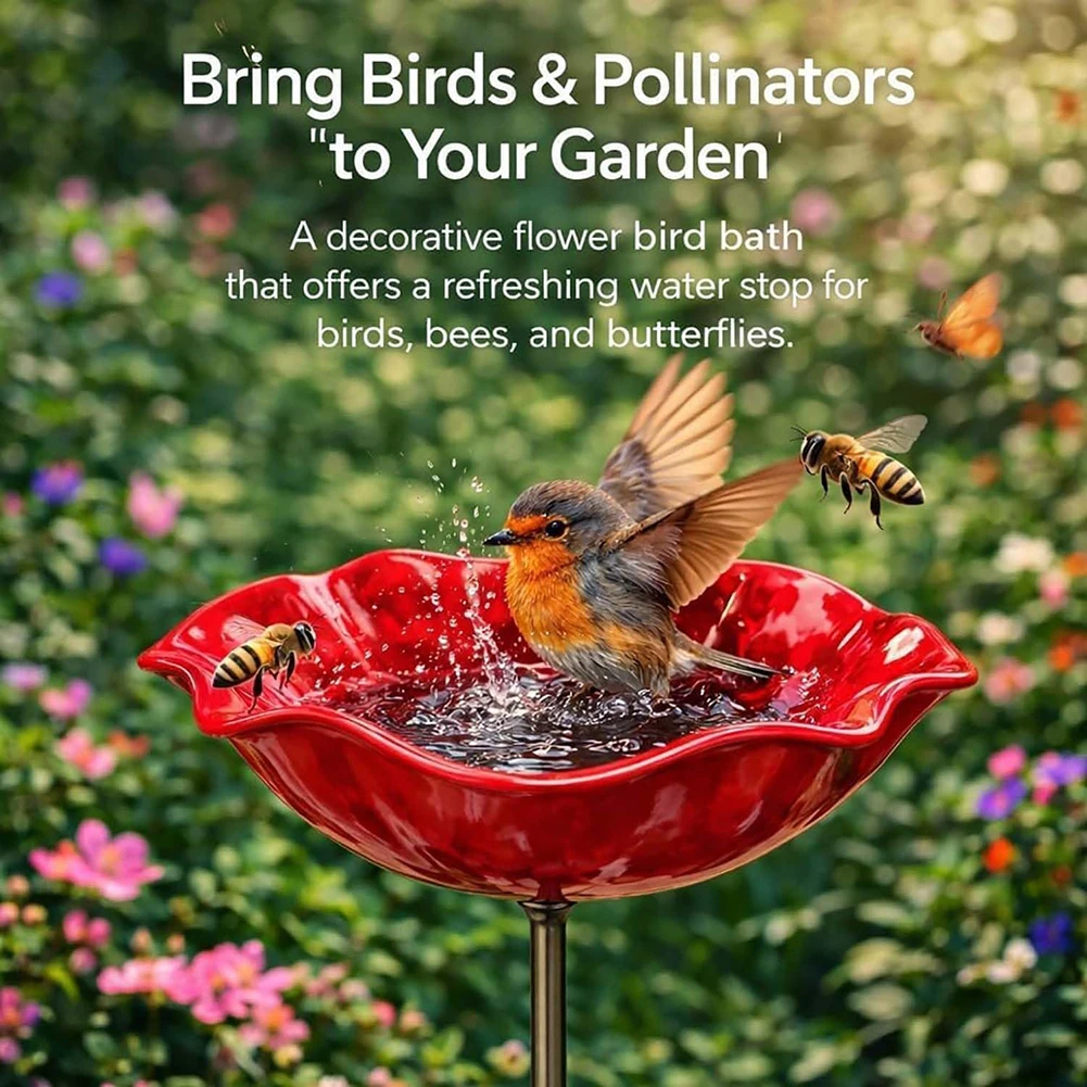 Hand-Made Metal Flower Birds Bath Outdoor Garden Decor Rust-Proof Yard Lawn Standing Birdbath Bowl Birds Feeder 1/2/3pcs