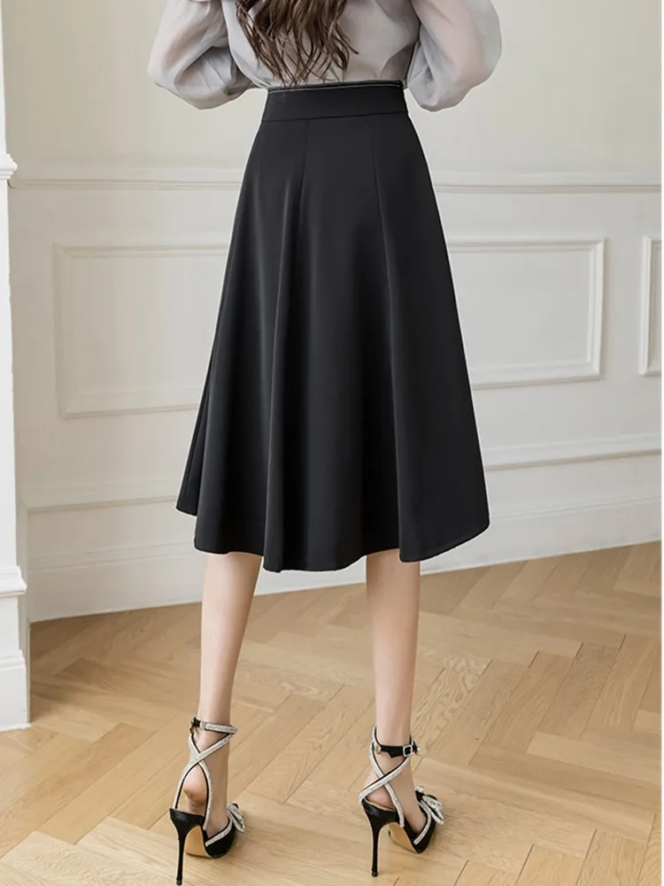 High Waist Lady Big Swing Skirt 2022 Autumn New Retro Commuter Mid-Length A-line Women Skirts Comfortable All-match W1219