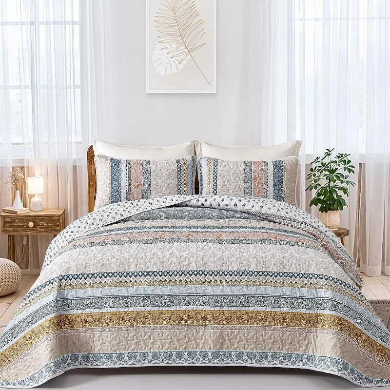 

Boho Quilt Set , Yellow Bohemian 3 Pieces Quilt Sets, Lightweight Microfiber Bedspread Coverlet Bedding Set for All Season