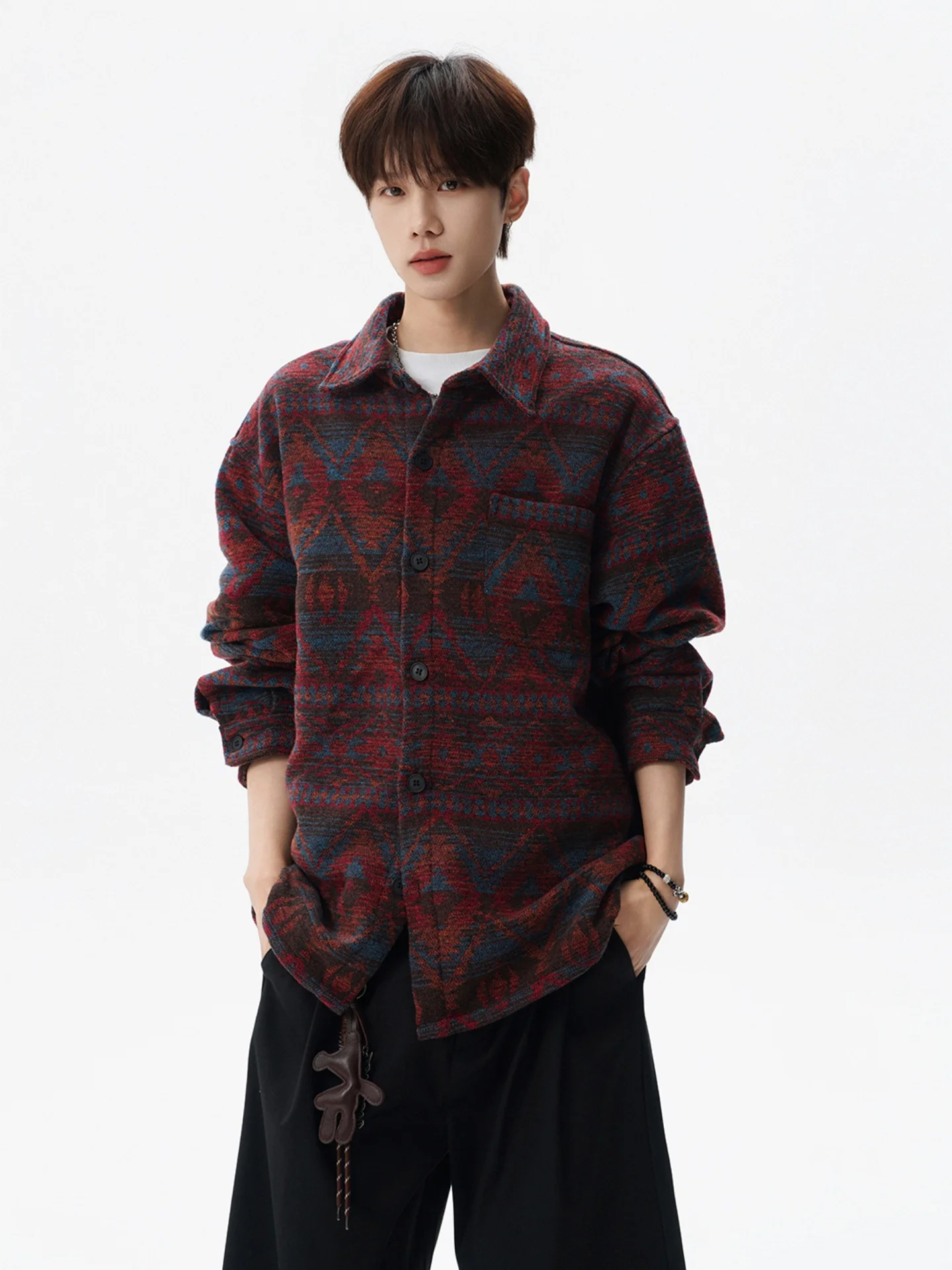 

Men's Long Sve irt Ethnic Sle Fair Isle Spring Faion Retro Outerwear High-End Loose Fit Cotton Flannel Urban Streetwear