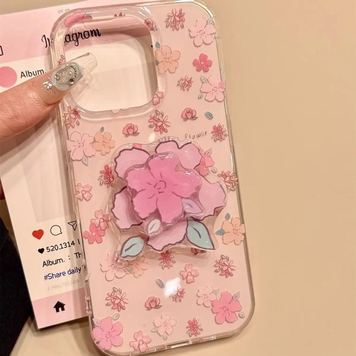

Phone Case For iPhone 16 15 14 13 12 11 Pro Max Plus New Korean INS Sweet Floral Pattern Protective Cover With Flower Holder