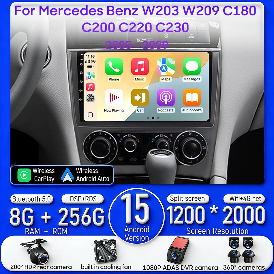 Carplay Radio for Mercedes Benz W203 W209 C180 C200 C220 C230 2005 - 2009 Navigation GPS Android Auto No 2 DIN Stereo Screen BT