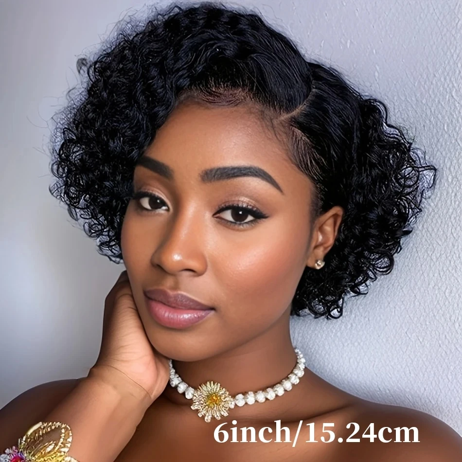 Cabello birmano de 6 pulgadas, corto, rizado, corte Pixie, pelucas de cabello humano 100%, peluca de encaje transparente 13x4x1, Color Natural para mujeres negras