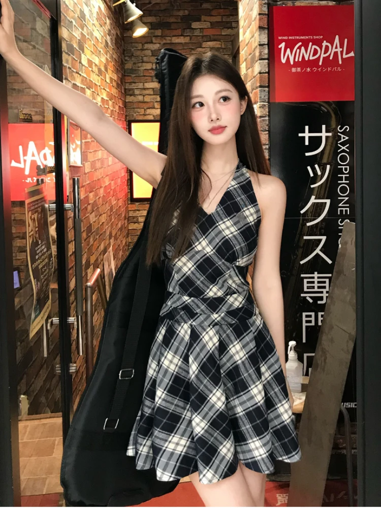 Vintage Y2k Mini Dress Women Casual Plaid Bow Sleeveless Vest Dress French High Waist Streetwear Style Dress 2024 Summer Fashion