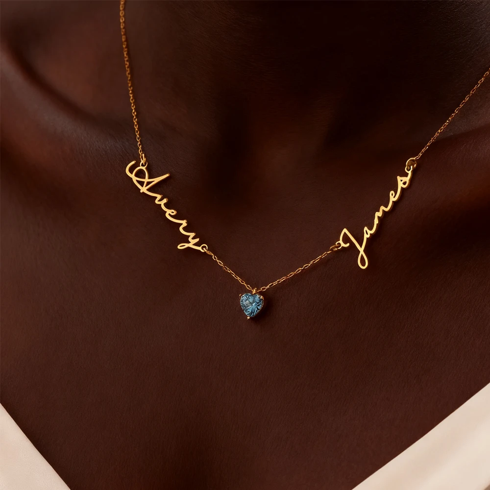 Personalized Custom Two Names Birthstone Necklace Stianless Steel Custom Couple Kids Name Necklace Family Christmas Jewelry Gift