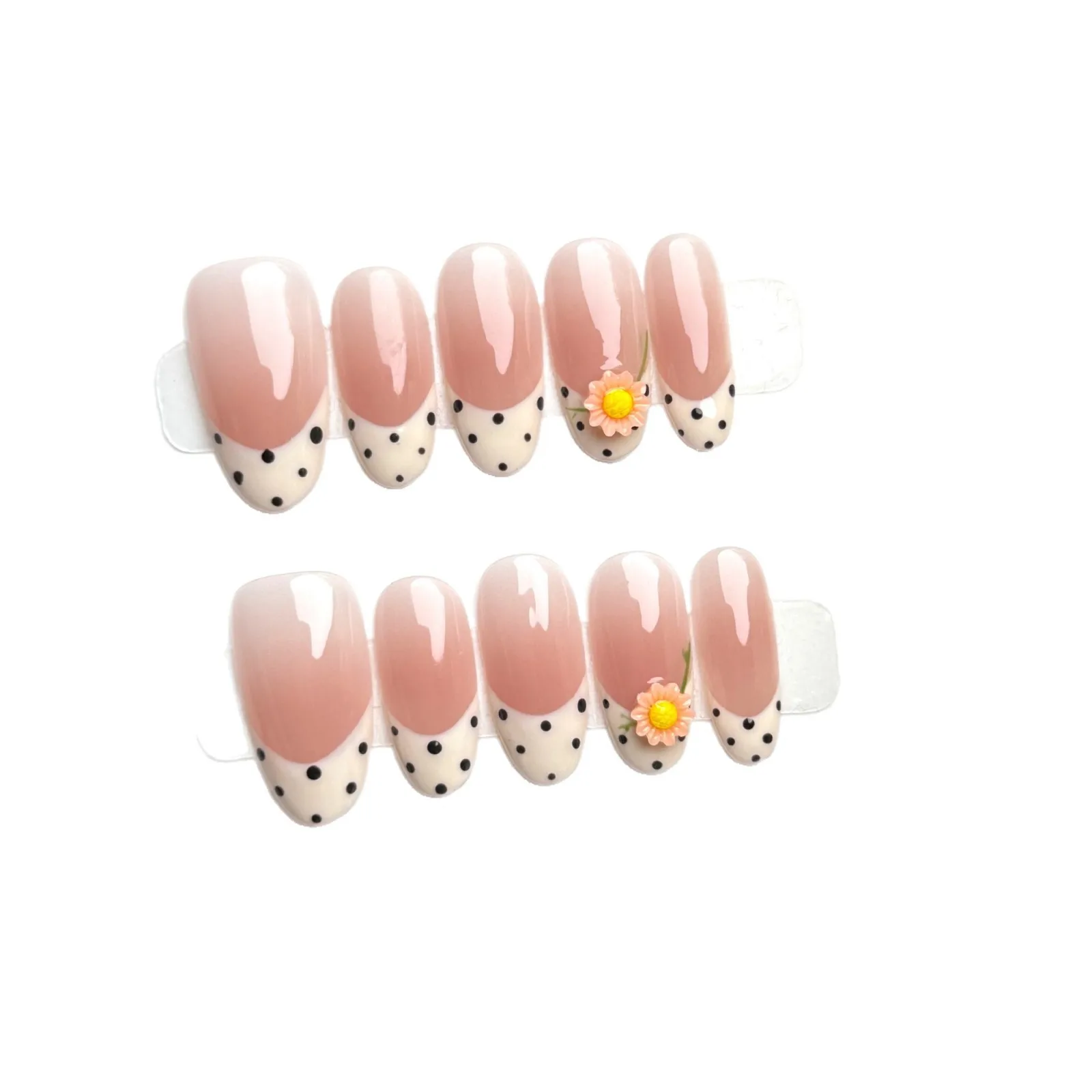10pcs Handmade Oval Press On Nails Nude Pink French Polka Dot Flower Design Sweet Fake Nails Wearable Nails Art Tips For Girls