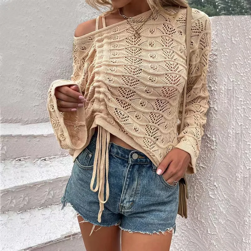 Trendy Sweater Woman 2024 Autumn Solid Color Hollow Out Draw String Long Flare Sleeve Fashion Sweaters Women Streetwear Pullover