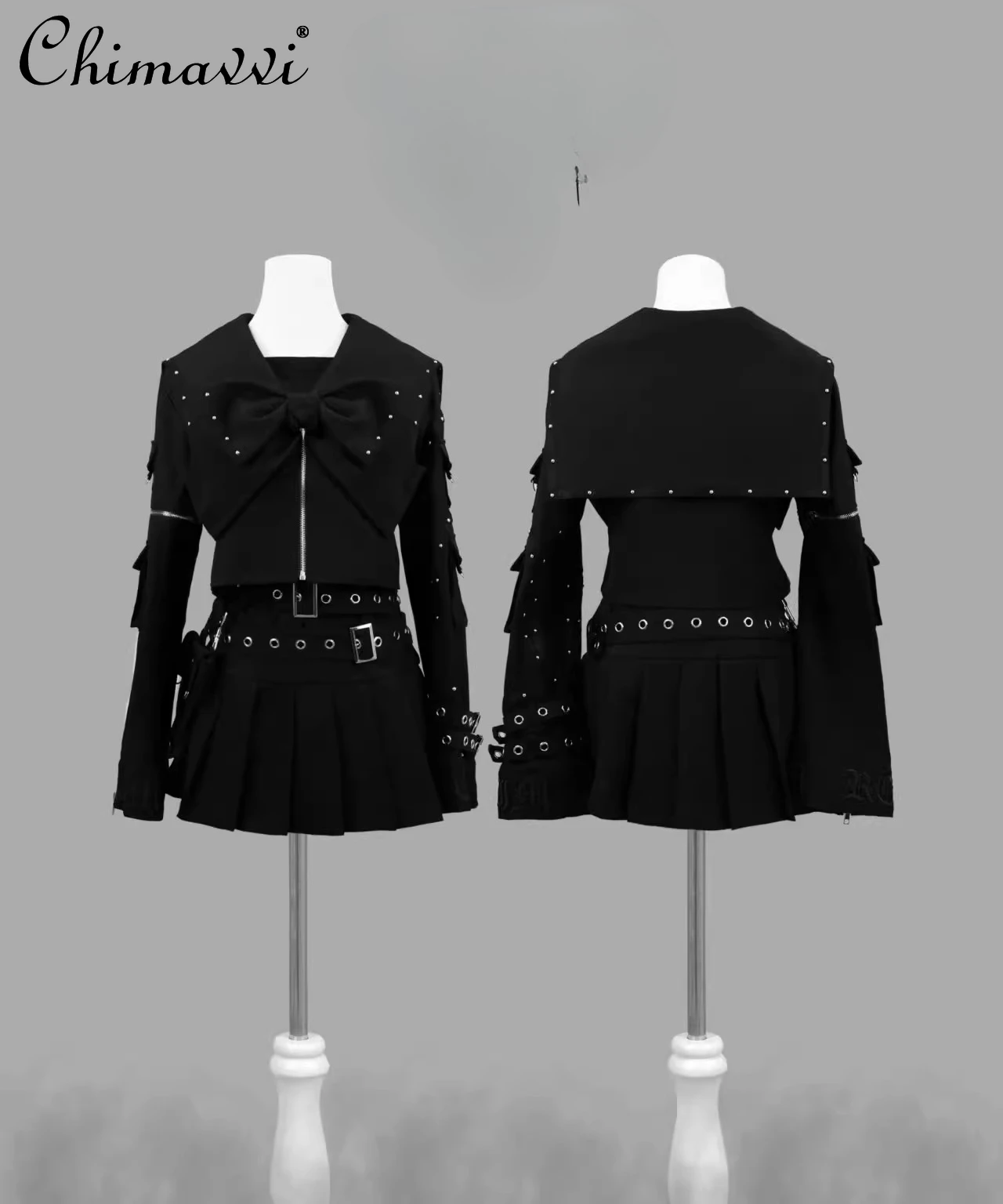 

Japanese Harajuku Subculture Gothic Black Top Skirts Set Spring Autumn New Girl's Sweet Cool Punk 2 Piece Sets Womens Outfits