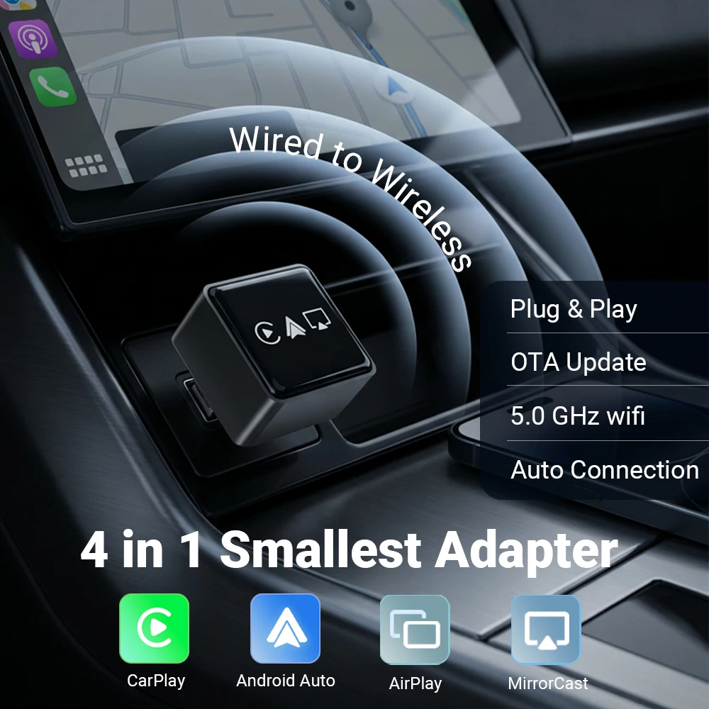 

Portable 4in1 CarPlay Android Auto Mini Box, Wireless AirPlay MirrorCast Adapter Fast Connection for Factory Car Screen