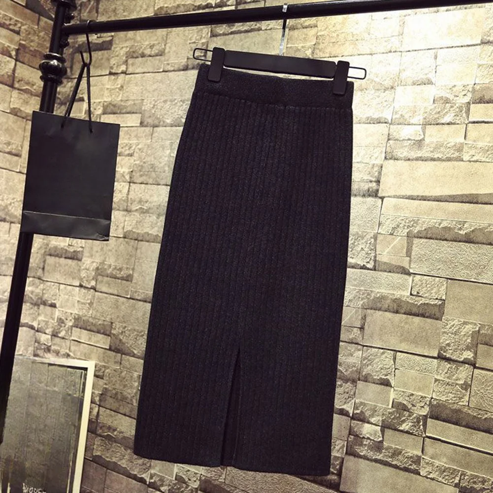 Women High Waisted Knit Skirt Side Slit Medium Length Bodycon Solid Color Female Casual Wear Ladies Fashion Bottoms