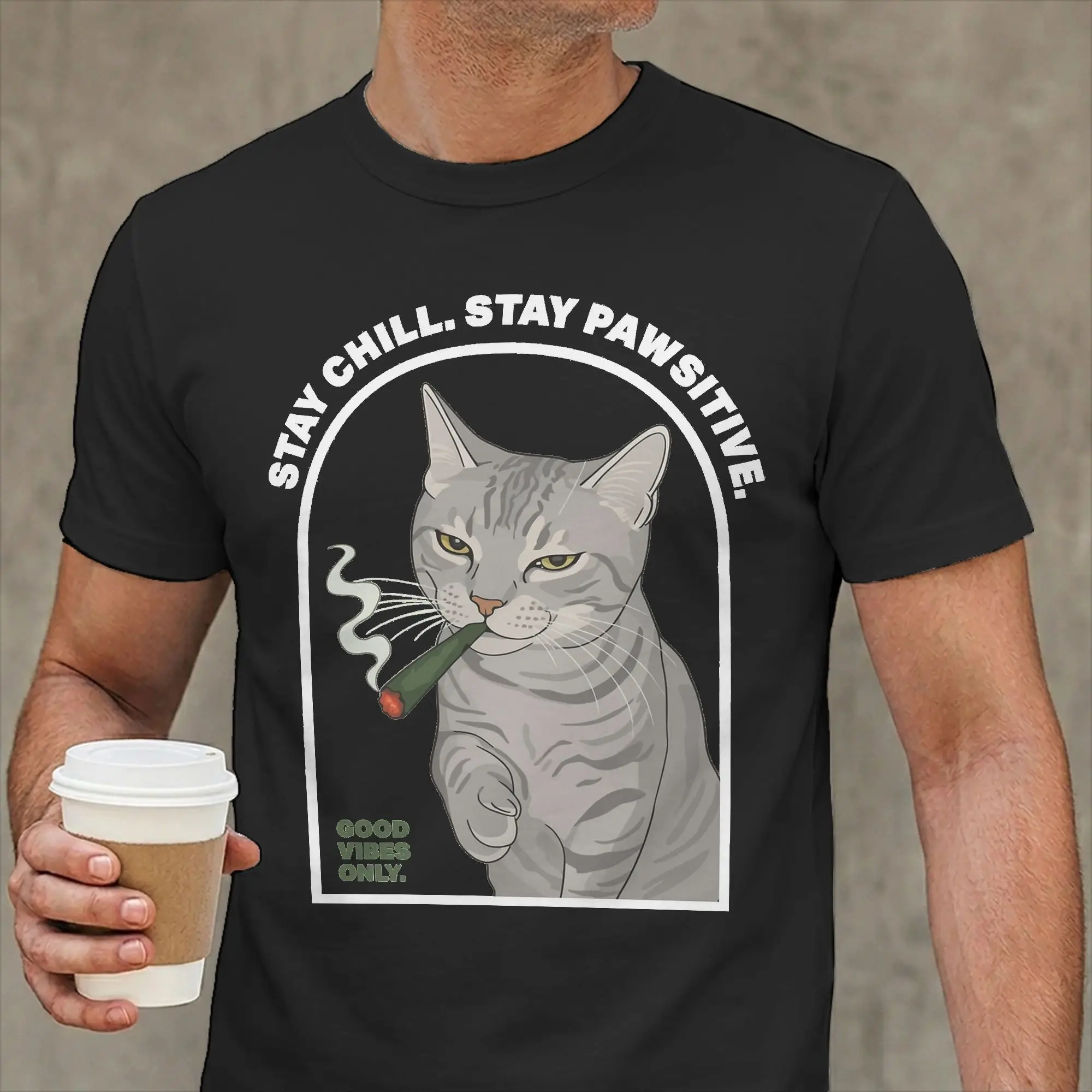 Cat Smoking Stay Chill Stay Positive T Shirts Men's  Pure Cotton Vintage T-Shirts Crew Neck  Tee Shirt Short Sleeve Tops Summer