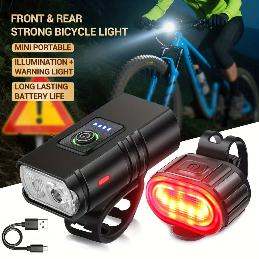 Front & Rear Bike Light Set, USB Rechargeable 1200LM MTB Headlight, LED Taillight for Outdoor Bicycle Night Riding Safety