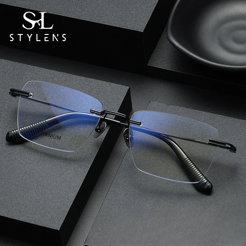 

STYLENS Business New Fashion Pure Titanium Anti Blue Ray Reading Glasses Ultralight Myopia Eyewear Rectangle Rimless 80957