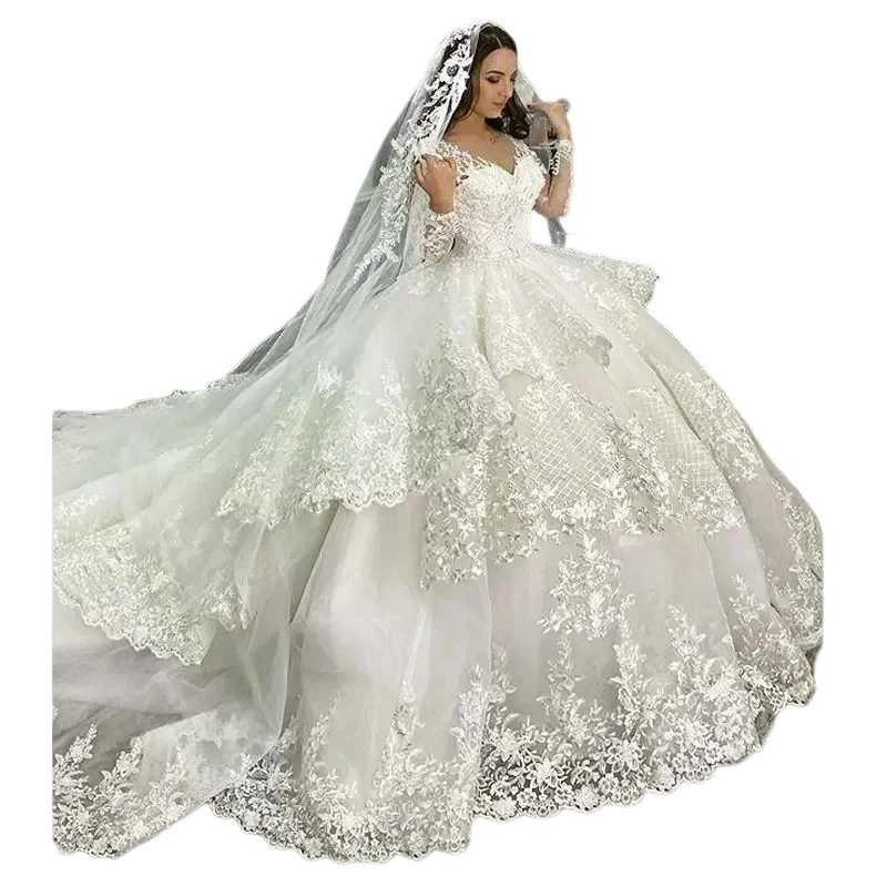 Customized Long Sleeve Ball Gown Wedding Dresses 2023 Robe Mariee Cathedral Train Luxury V Neck Beading Lace Appliqued Bridal G