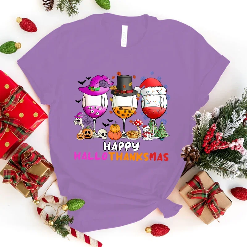 Funny Happy Halloween Thanksgiving Christmas Wine Glass Letter Print T-Shirt Womans Casual Tops Summer Cool T Shirt Plus Size T