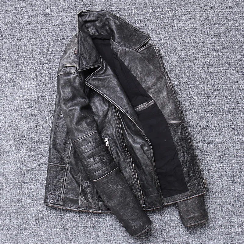 shipping.Men quality Vintage Free rider cowhide jacket.Gray Slim leather jacket.motor biker fashion leather cloth.Cool Short