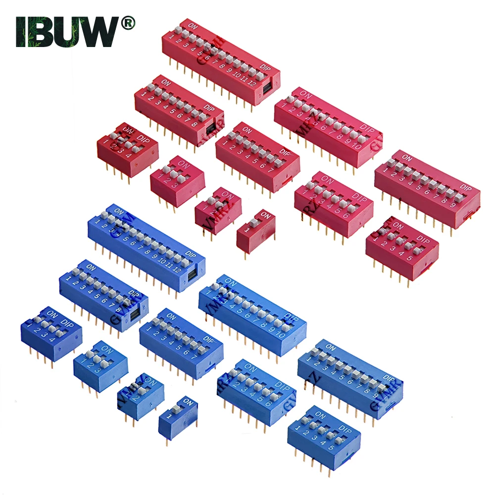 10PCS 2.54mm 1 2 3 4 5 6 7 PIN DIP Switch Red Blue  PCB Mounted Toggle Code Switch ON OFF Selector for Circuit Board 8 9 10 12