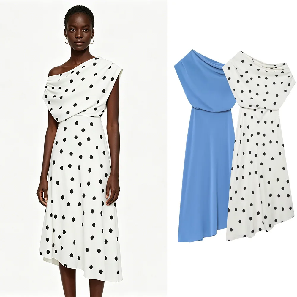 PRINTKAOIR Neues Sommerkleid für Damen, schulterfrei, drapiert, gepunktet, fließendes Midikleid, weiße Basis, schwarze Punkte, elegantes Party-Langkleid
