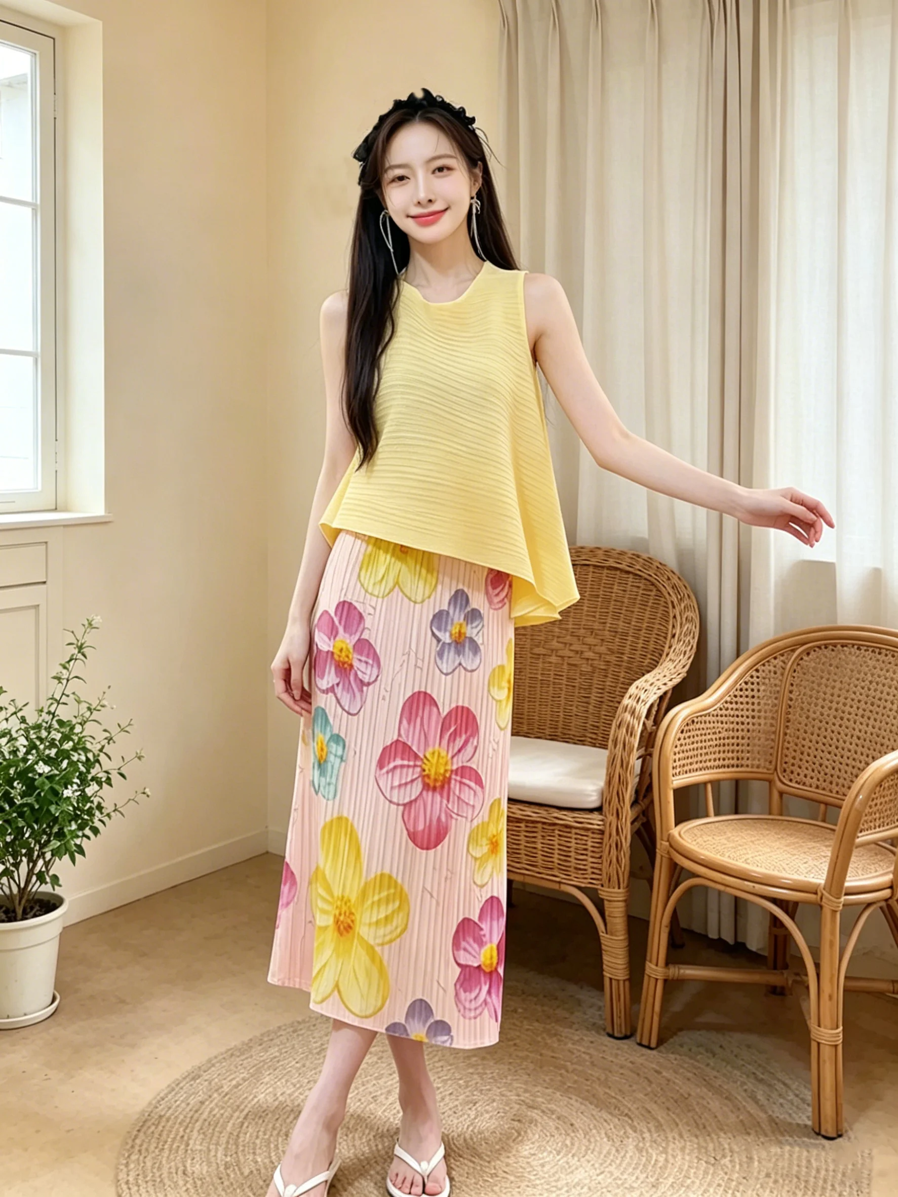 Fluorescent Yellow Sleeveless Print Skirt Set High Waist A-Line Gauze Women's Summer Trendy Anti-Aging Fashion Ensemble