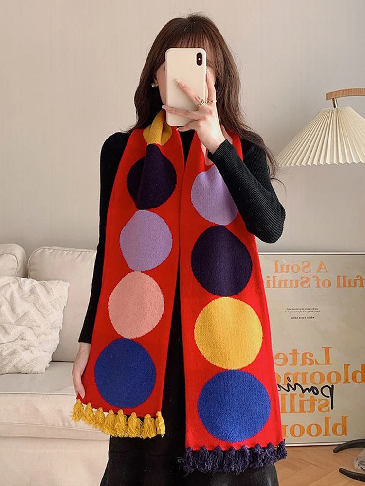 

Knitted Polka Dot Soft Thickened Scarf Women's Handmade Tassel Winter Outer with Contrast Color Dot Scarf Free Shipping