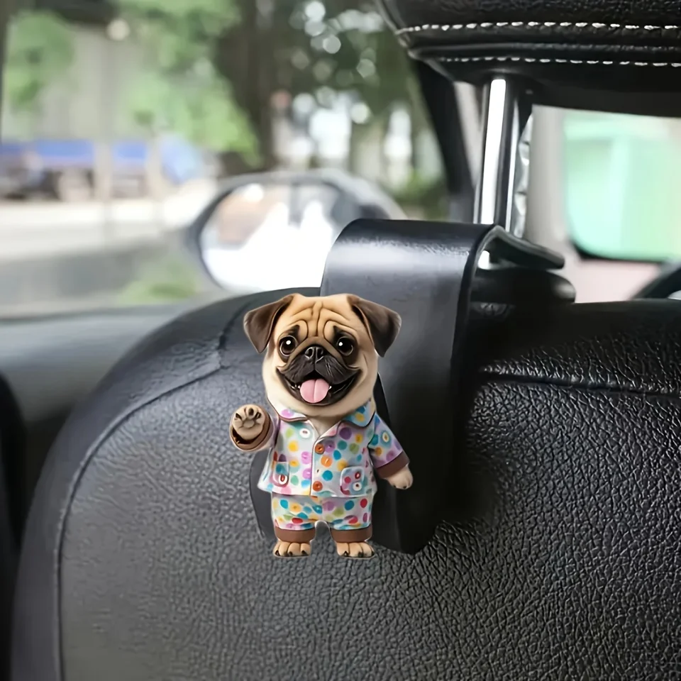 2PCS Adorable Pug Car Seat Back Cartoon Dog Hook Multi-Functional 2D Flat Acrylic Auto Rear Seat Hook Hanger Holder Accessory