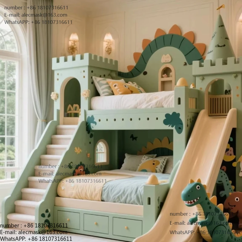 

Dinosaur castle bed staggered bunks children's bed attic slide height and low