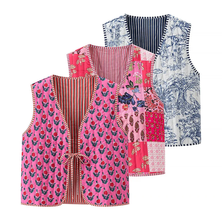 

Woman's Printed Vest Lace-up Ethnic Style V-neck Sleeveless Cropped Patchwork Vest Casual Versatile Early Autumn Female Top