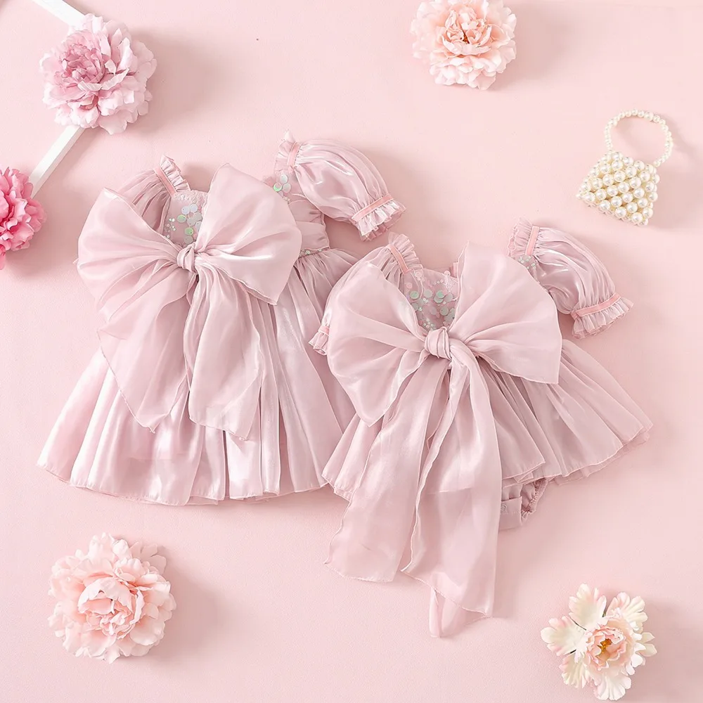 Toddler Girls Sister Matching Outfits Summer Short Sleeves Square Collar Bodysuit Bow Party Dress Twins Daughter Clothes H1518