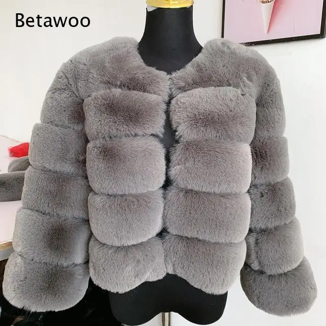 Women Round Collar Horizontal Striped Faux Fur Jacket Short Cropped Fluffy Furry Winter Warm Outerwear