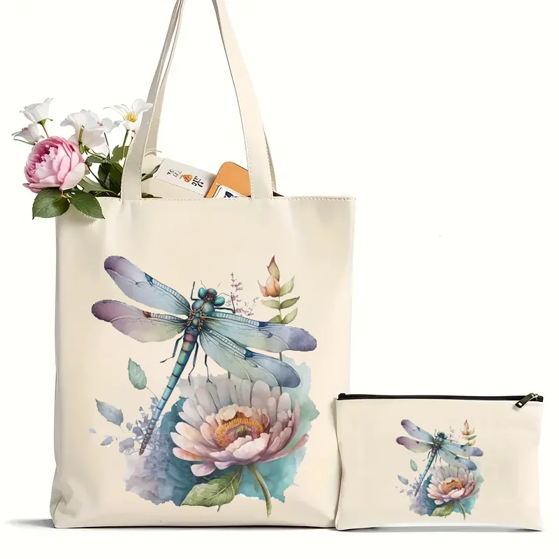 2Pcs Dragonfly Flower Print Canvas Bag, Large Capacity Durable Handbag, Multi-functional Portable Leisure Tote Bag