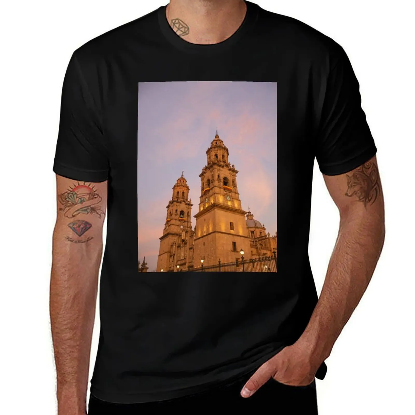 Golden Hour Cathedral – Sunset over Morelia's Historic Landmark. T-Shirt oversizeds affliction shirts men t shirts