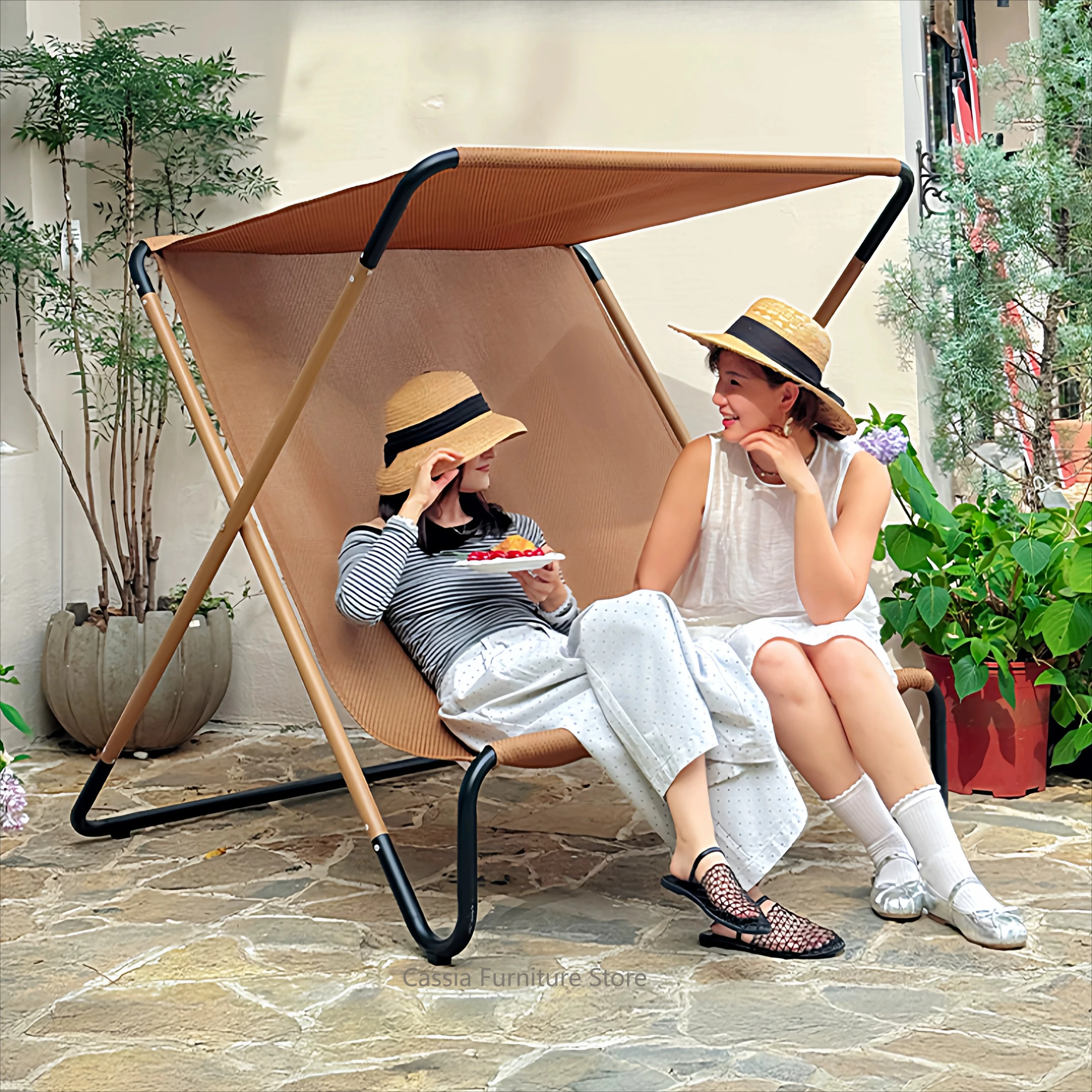 *Reclining Folding Chair for Hotel Beach, Sunshade Double Outdoor Lounge for Garden, Camping Patio Sun Lounger for Courtyard