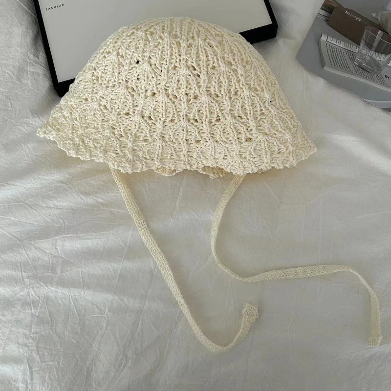 Korean Version Simple Hand-woven Bucket Hat Women\'s Summer Hollow Breathable Lace-up Solid Color Foldable Temperament Sun Cap