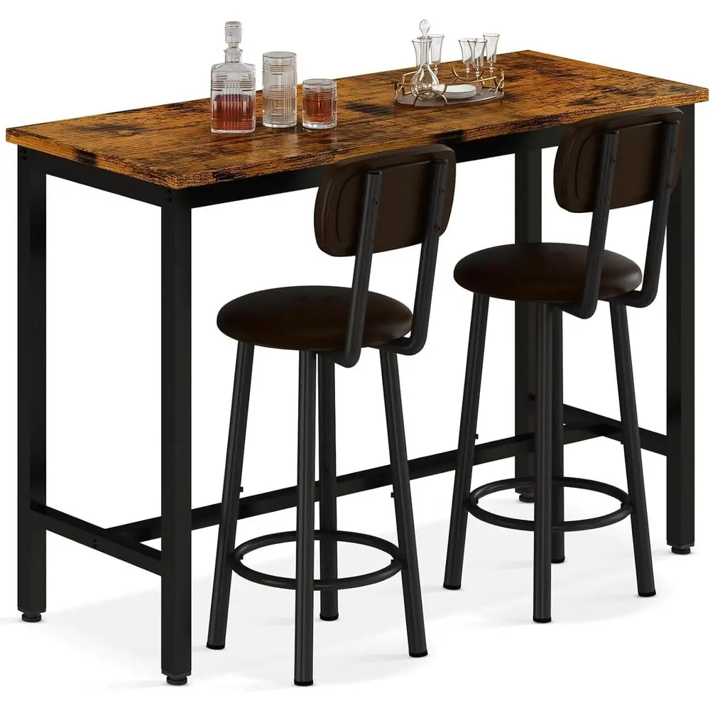 

Industrial Style 2-Piece Bar Table Set with 3-Piece High Table and 2 Backrest Stools, Suitable for Small Kitchen Spaces, Brown &