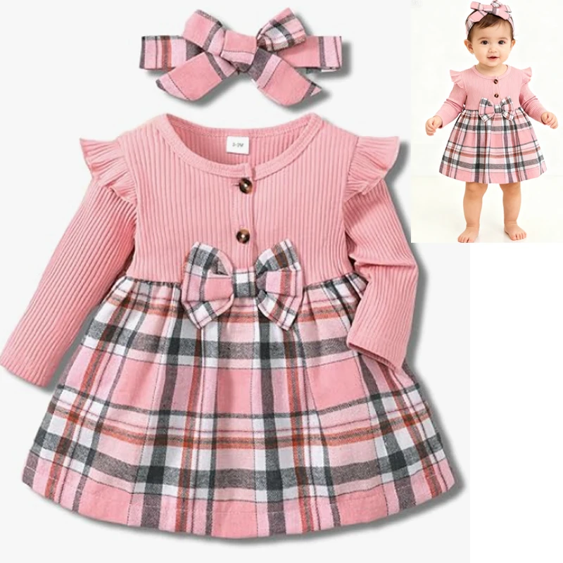 

2Pcs Baby Girl Dress Infant Clothes Newborn Fall Winter Outfits Plaid Dresses Cute Birthday Gifts Holiday Princess Dress bebe