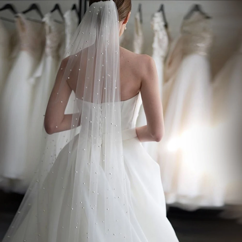 ผ้าคลุมหน้าเจ้าสาวแบบชั้นเดียว ผ้าทูลเนื้อนุ่ม ผ้าคลุมหน้าเจ้าสาวสำหรับงานแต่งงาน ขนาด 100 ซม. 200 ซม. 300 ซม. สีขาว สีงาช้าง อุปกรณ์เสริมงานแต่งงาน ประดับมุกเย็บมือ รุ่น G05