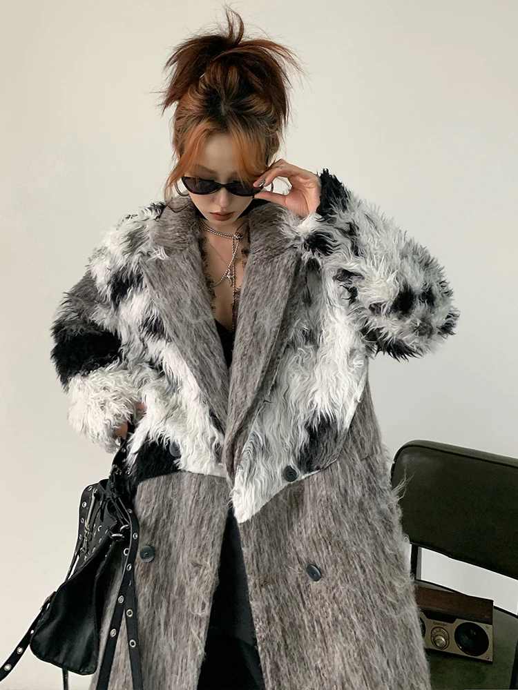 YERMORA Gray Splice Irregular Fake Fur Woolen Coat For Women Lapel Long Sleeve Overcoat Fashion Tide Autumn Winter New 2025